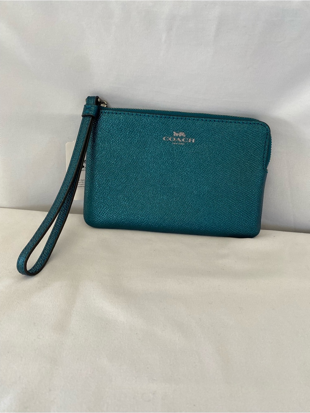 Coach Metallic Dark Teal Zip Wristlet with Strap NWT